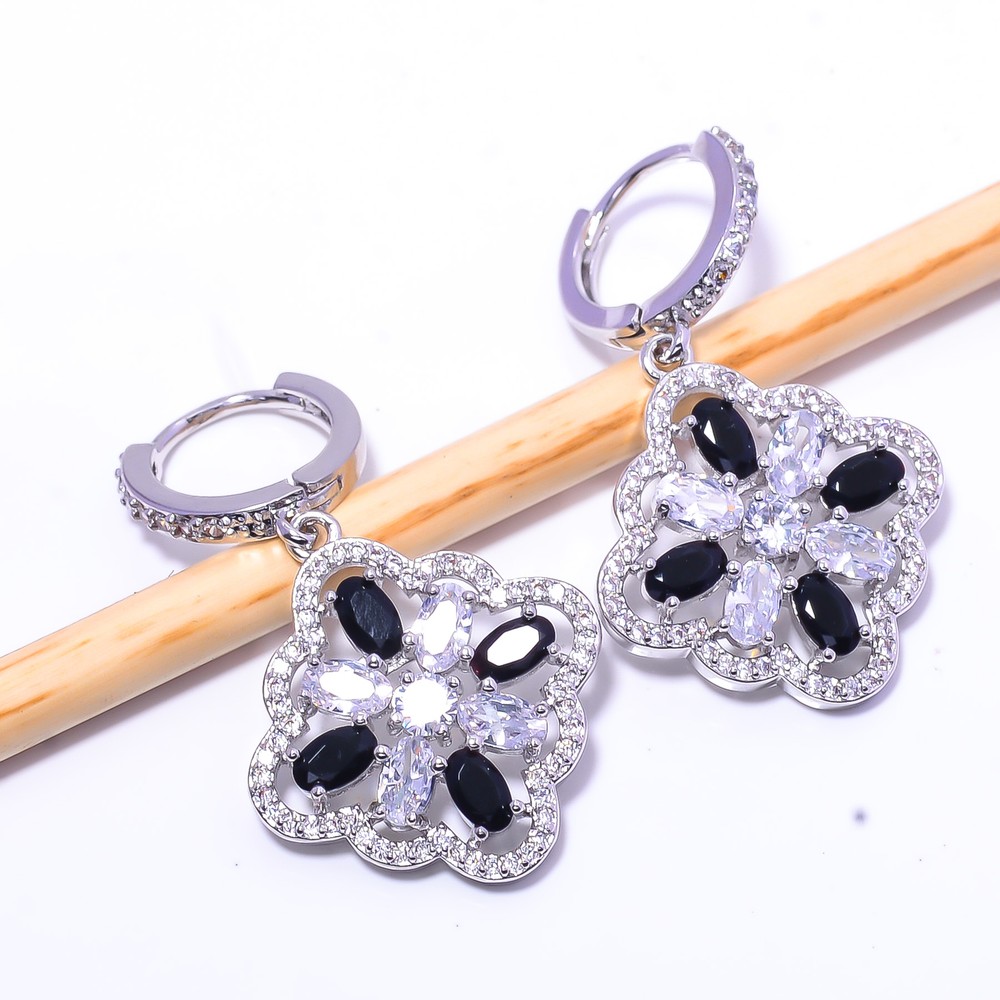Black Onyx & Cubic Zirconia Gemstone 925 Sterling Silver Earring 1.40