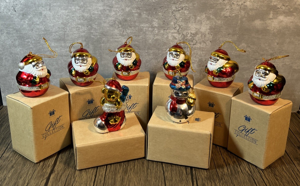 Avon 1998 Ceramic 6 Santa Claus Ornament 1 Stocking ,1Snowman  Gift Collection