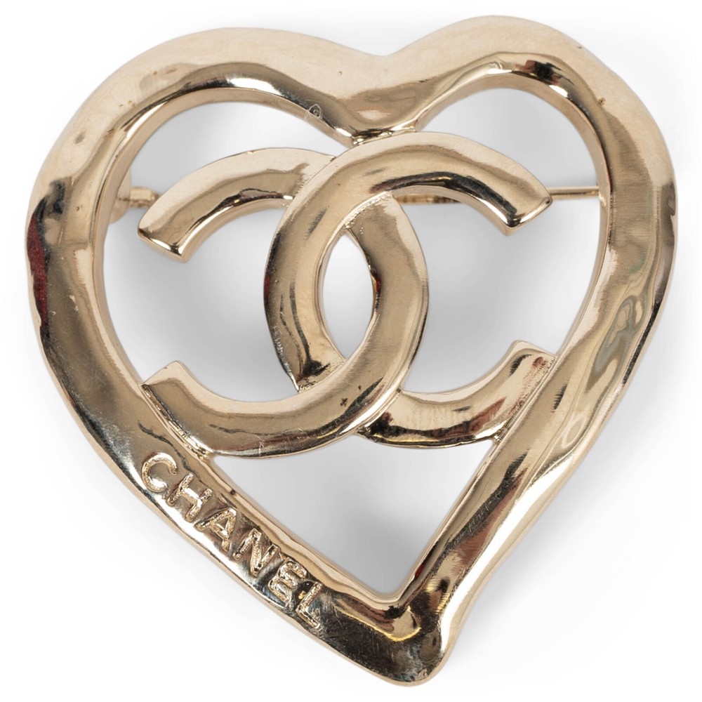 CHANEL 22P Gold CC Heart Brooch 71701 Authentic