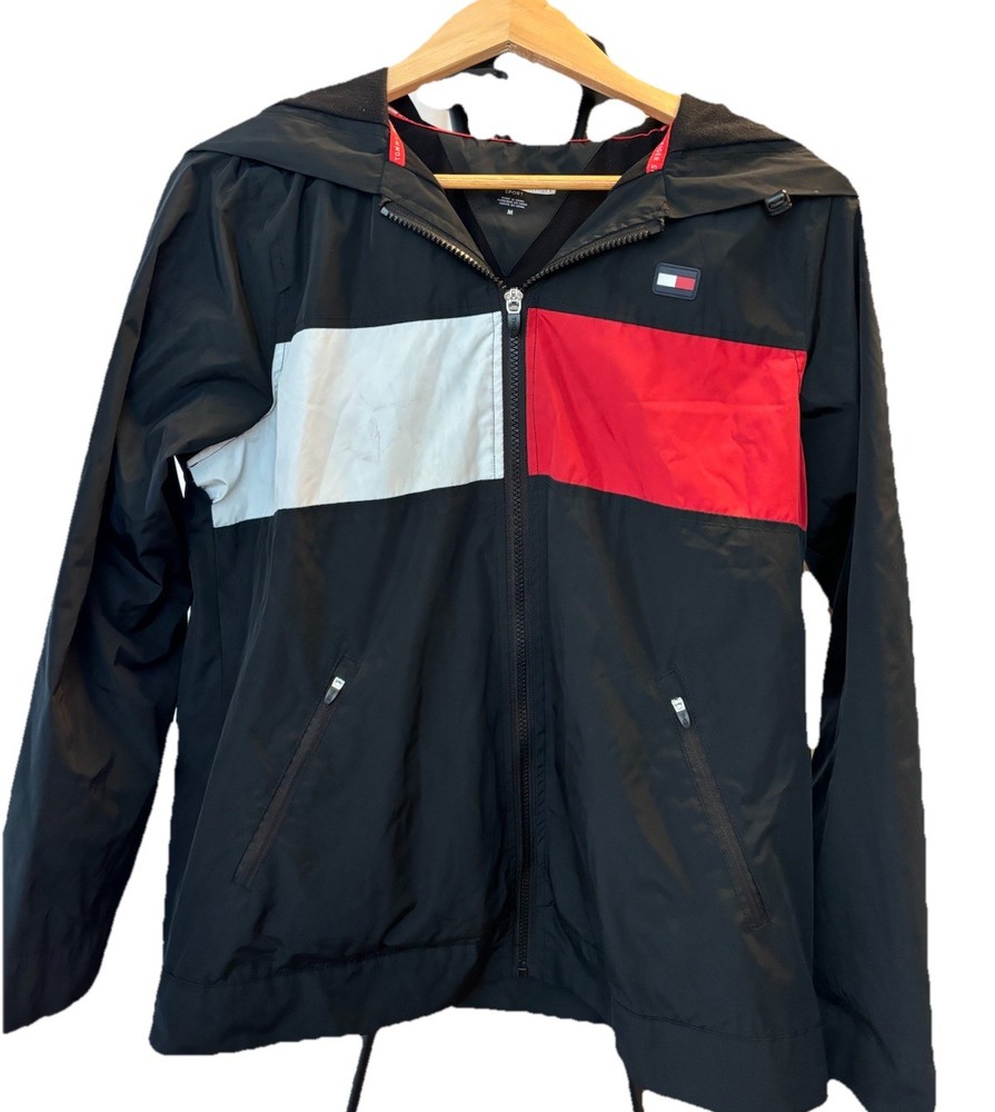 Tommy Hilfiger Men's M Logo Red Yacht Hooded Windbreaker Water Resistant Jacket