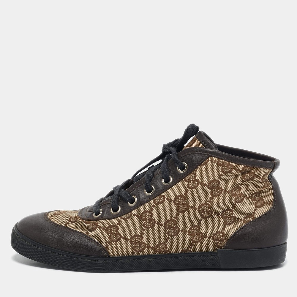 Gucci BrownBeige GG Canvas and Leather Lace Up High Top Sneakers Size 35