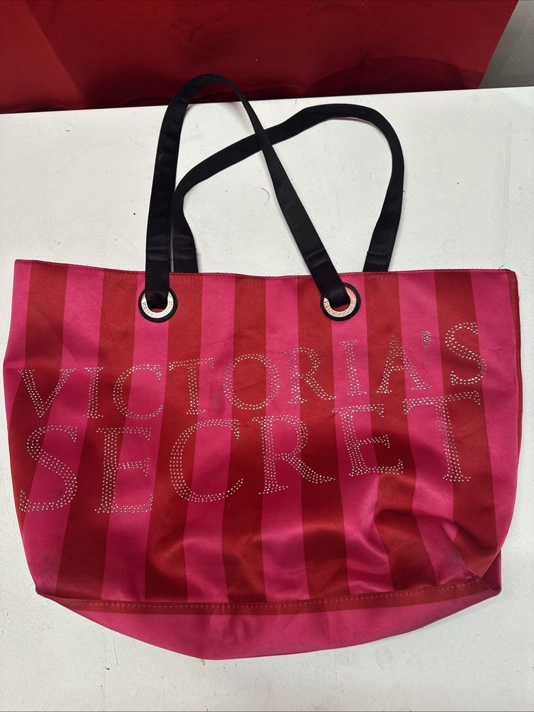 VICTORIA'S SECRET  Large Weekender Tote Bag Rhinestone Logo Pink Red Stripe