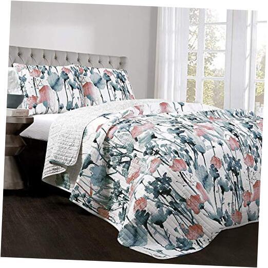Full Queen-Blue and Coral Zuri Flora Quilt-Colorful Painted Flower Full/Queen