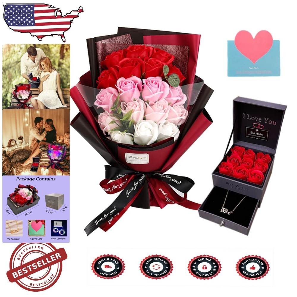 Deluxe Gift Box with Artificial Roses and LOVE Necklace - Great for Occasions