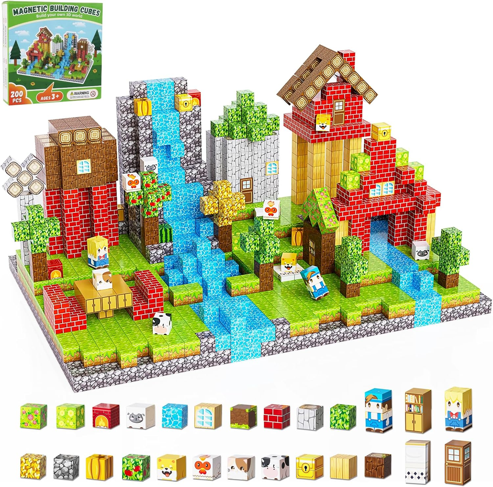 200PCS Magnetic Building Blocks Set, Magnetic Tiles Kids Build Cubes STEM Game T