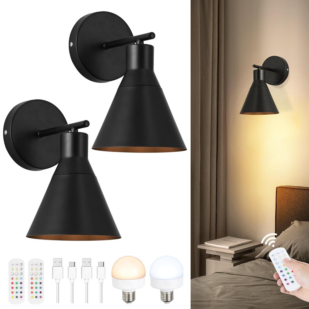 Modern Wireless Battery Operated Wall Sconces, Black Rechargeable Cordless LE...
