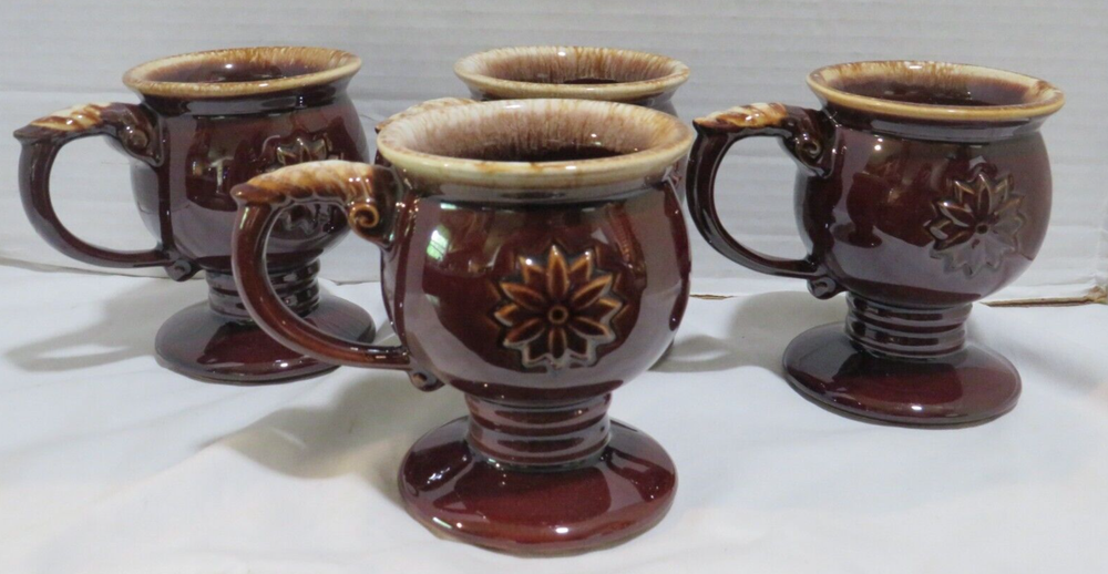 Vintage McCoy Pottery Tiara Brown Emboss Flower Coffee Mug Drip Glaze SET OF 4