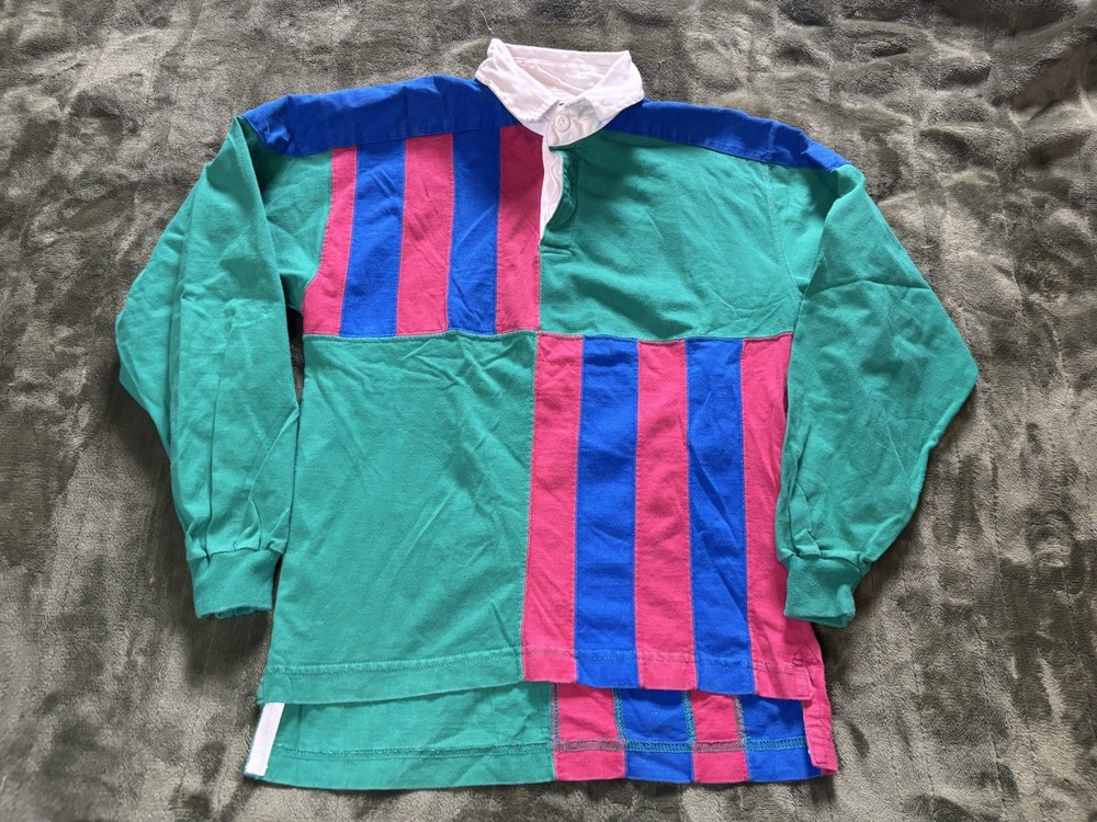 Vintage Rugby Polo Shirt Youth Boys 10-12 Green Blue Red Colorblock Long Sleeve