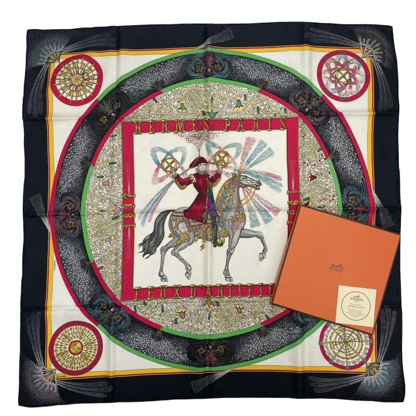 Hermes 150 Limited 1987 Carres 90 Feux D'Artificial Fire Silk Scarf Multicolor