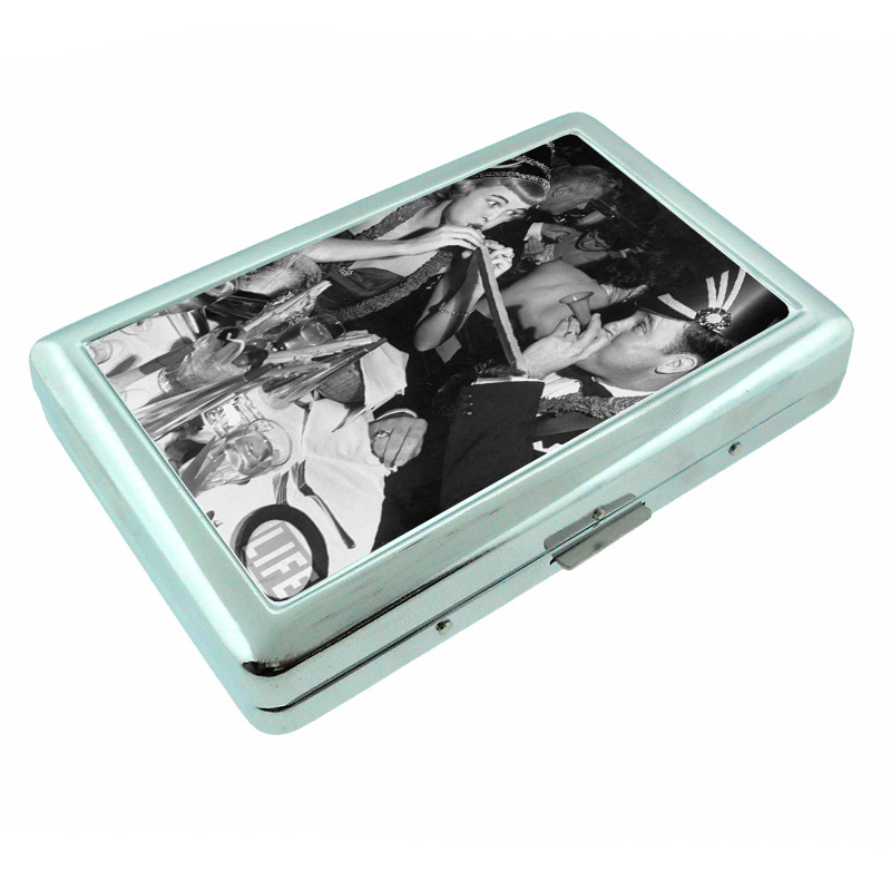 Vintage New Years Eve D6 Silver Metal Cigarette Case RFID Protection Wallet-image
