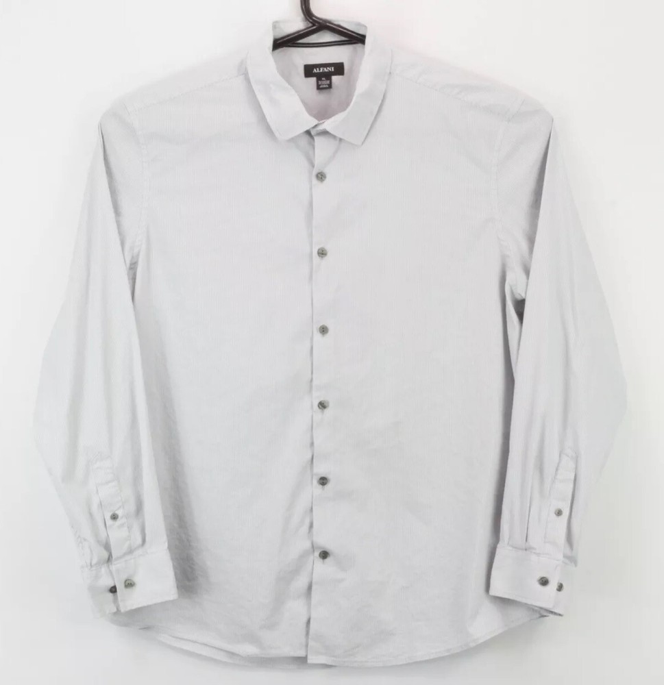 Alfani Men’s Button Up LS Collared Shirt Size XL White Gray Striped