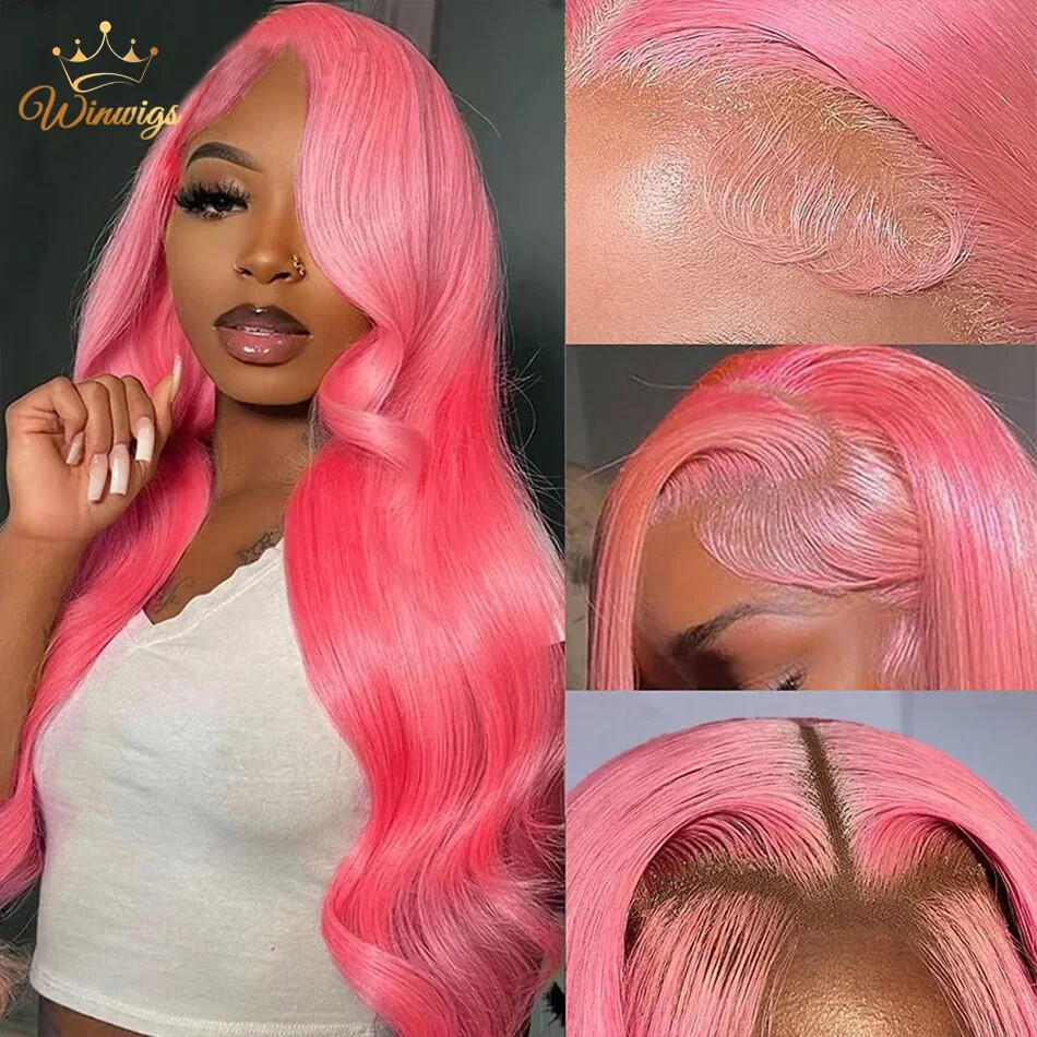 Pink Brazilian Human Hair Lace Front Wig 13x4 Body Wave Transparent Preplucked