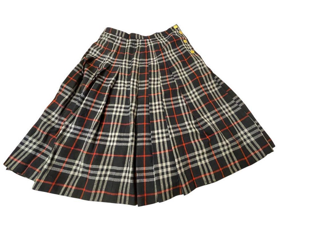 Burberry Vintage Nova Check Wool Pleated Long Skirt Navy Made in England