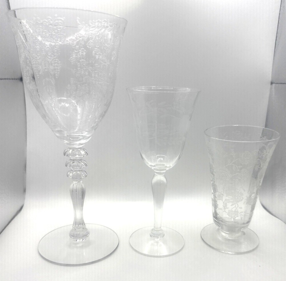 3 Antique Etched Crystal Clear Glass Goblets & Stemware With Floral Patterns
