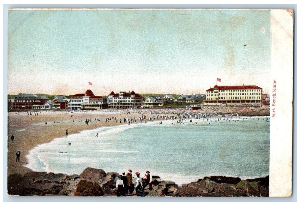 1908 Crowd Bathing Seashore Buildings Hotels York Beach Maine Vintage Postcard