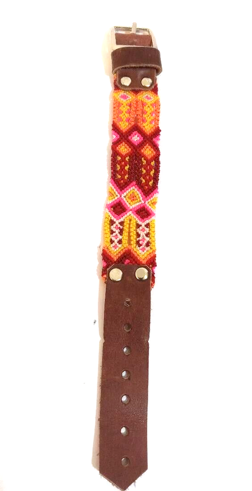Geometric Loom Belt Bracelet Woven Womens Orange Multicolor Leather Strap