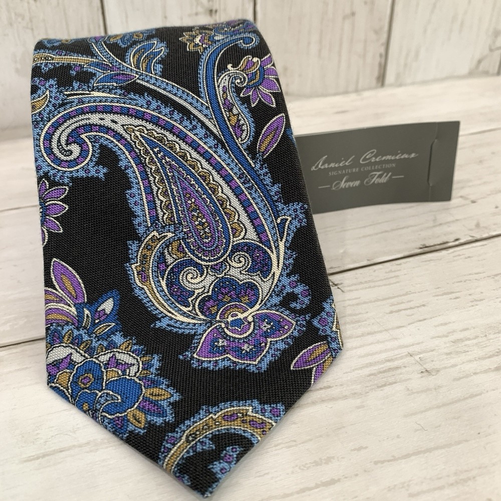 DANIEL CREMIEUX Mens Black Paisley Silk Cotton Tie Handmade in Italy NWT