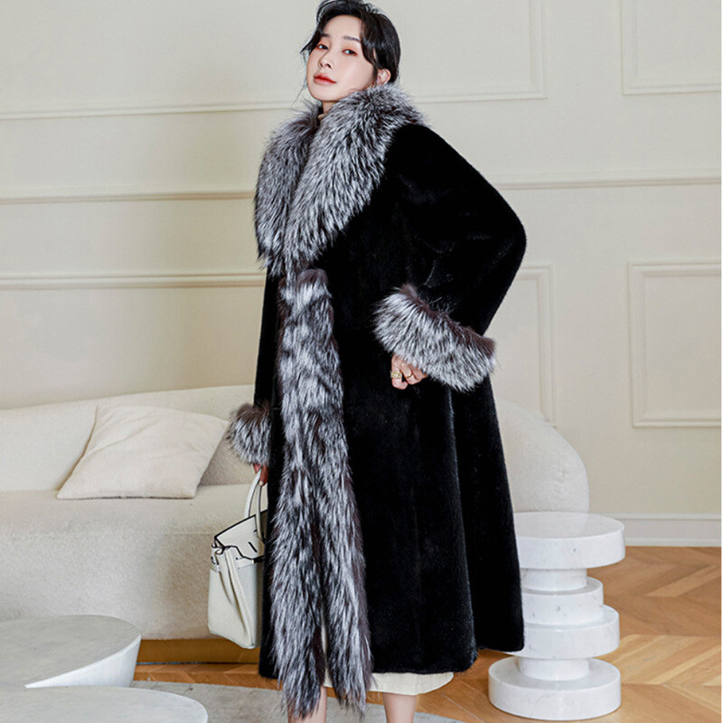 Luxury Mink Fur Long Coat with Fox Fur Collar Warm Winter Windbreaker for Women