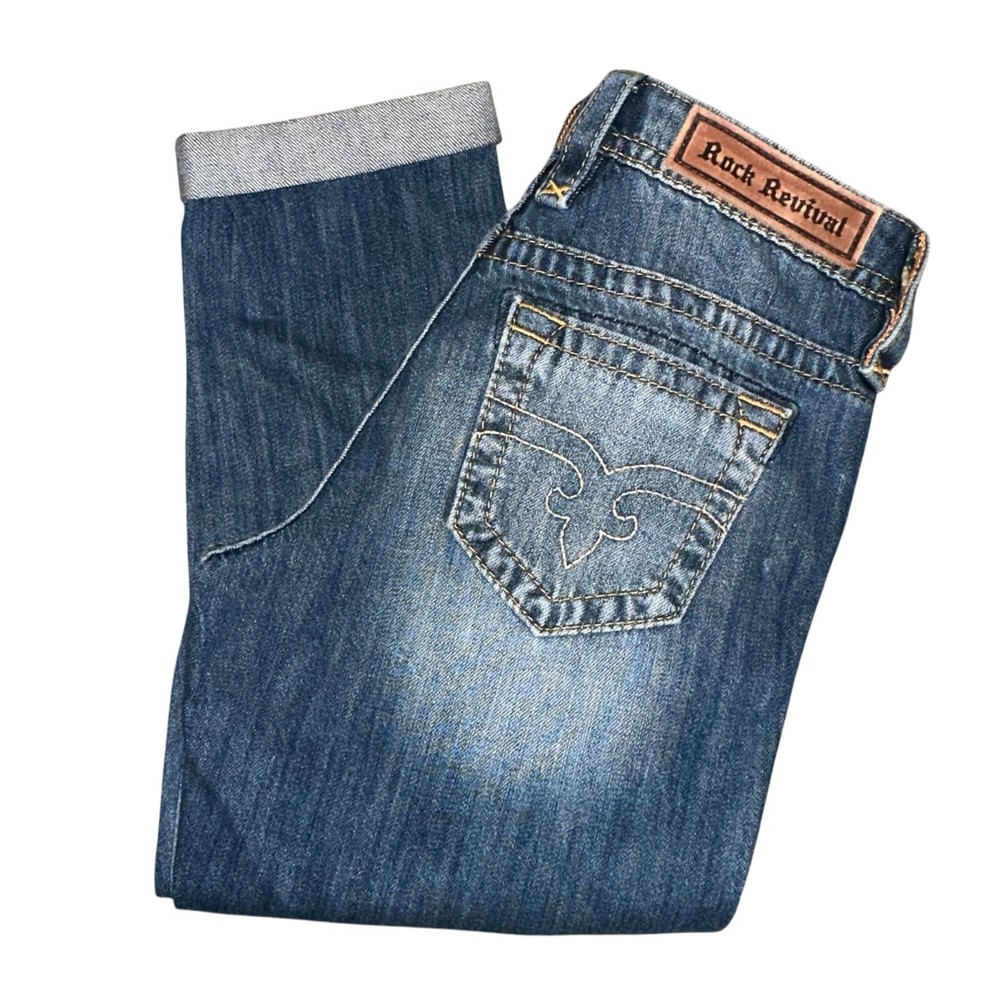 Rock Revival Anabela Boyfriend Crop Jeans for Women Size 26 22 Distressed Blue Cuffed Style