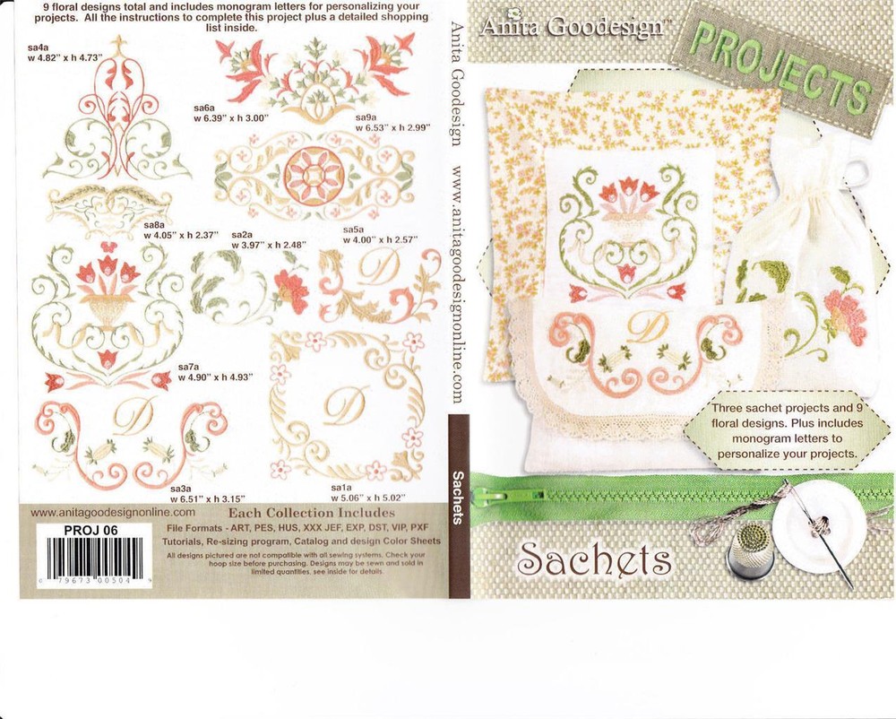 Anita Goodesign Sachets Embroidery Machine Design CD NEW PROJ06