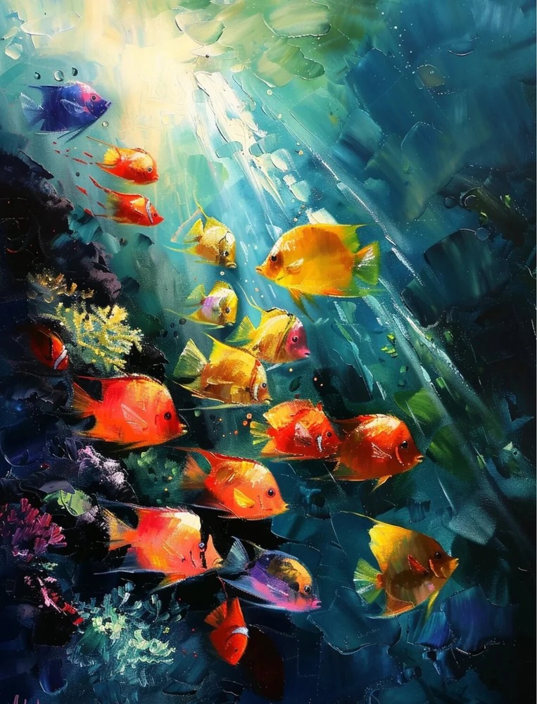 Vibrant Fishes in The Sea Painting Unframed Canvas Print Australian Wall Art