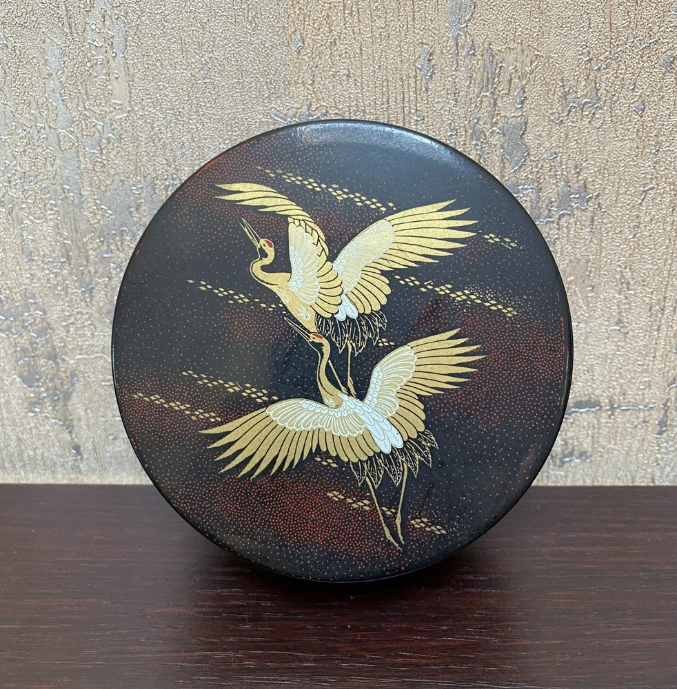 6 Lacquer Coasters Sey by Mitsukoshi with Gold Cranes in Flight Designs Japan