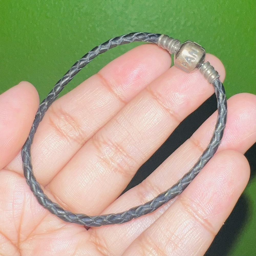 Vintage Sterling Silver Braided Leather Pandora Bracelet Size 5”