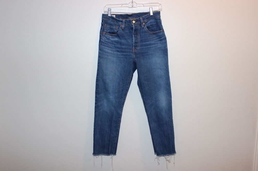 Levis Premium Womens High-Waisted Button-Fly Distressed Hem Blue Denim Jeans Siz