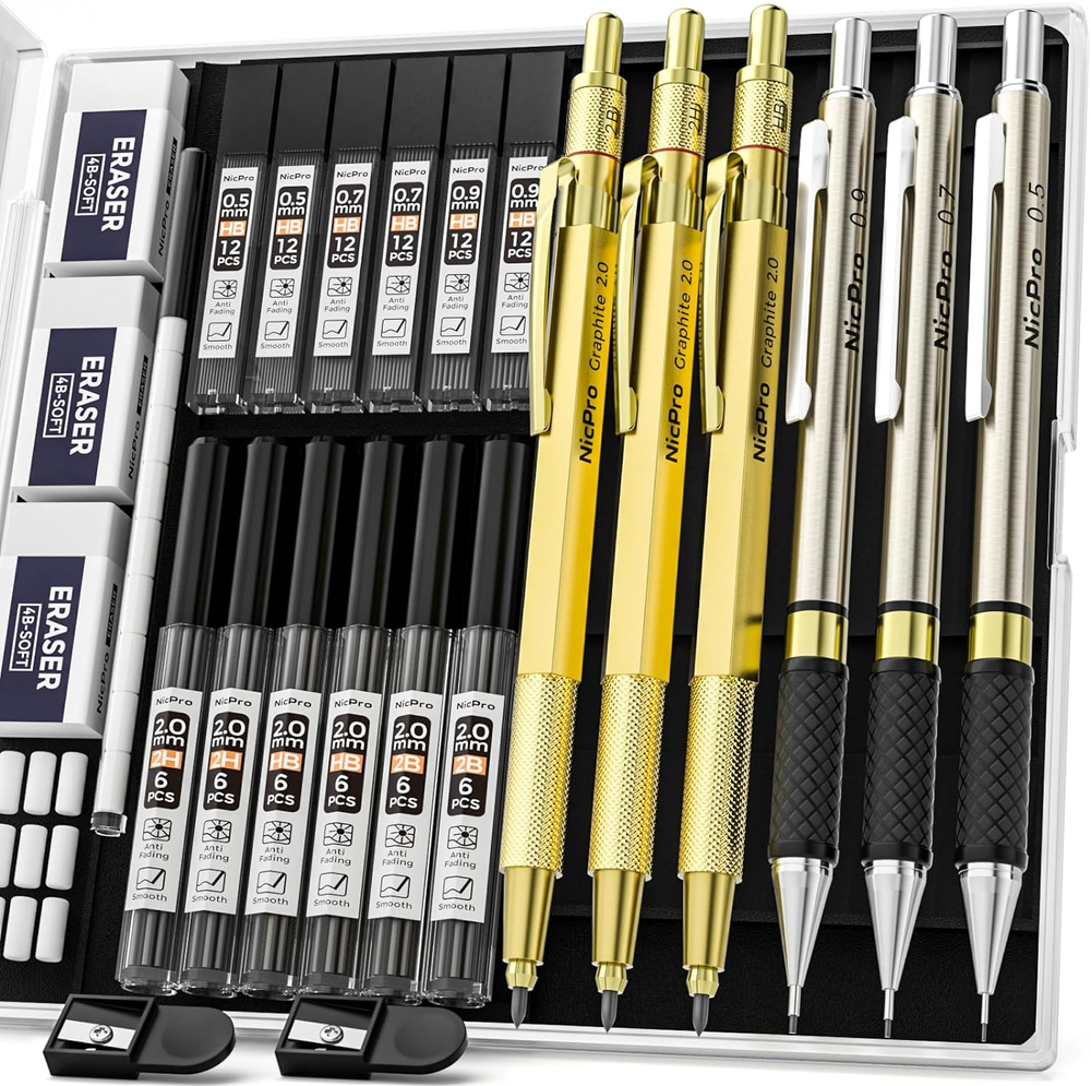 Gold Art Mechanical Pencil Set, Metal Drafting Pencil 0.5, 0.7, 0.9Mm & 2Mm Lead