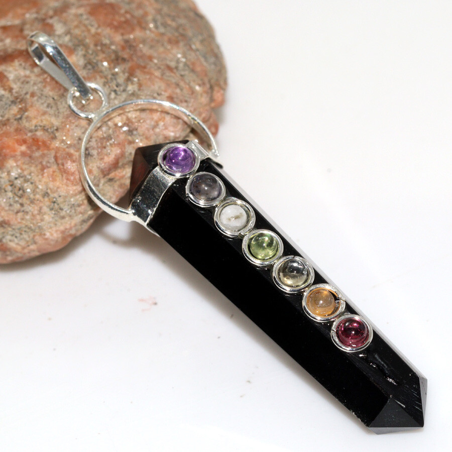7 Chakra Black Onyx 925 Silver Plated Long Gemstone Pendant 2.5