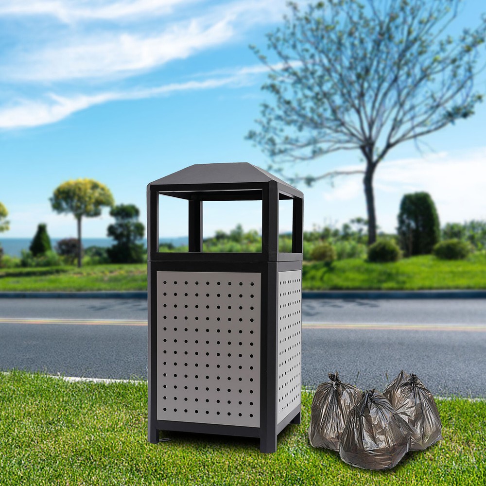 15 Gallons Steel Garbage Can For Outdoor Use Trash Receptacle With Plastic Liner