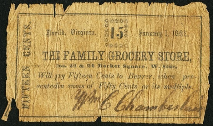 1862 Family Grocery Store 15¢ Norfolk Virginia Very Scarce Good Free Shipping