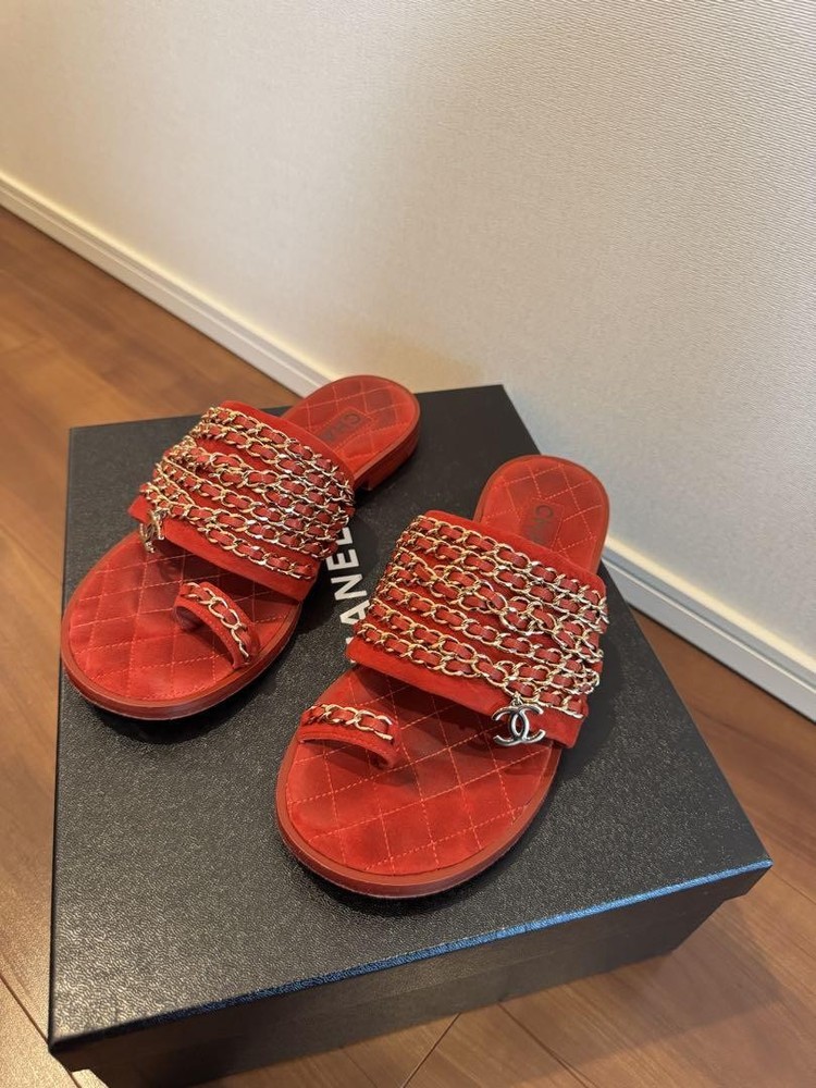 CHANEL Red Suede Chain Slide Sandals Size 37 US 7 Rare Vintage