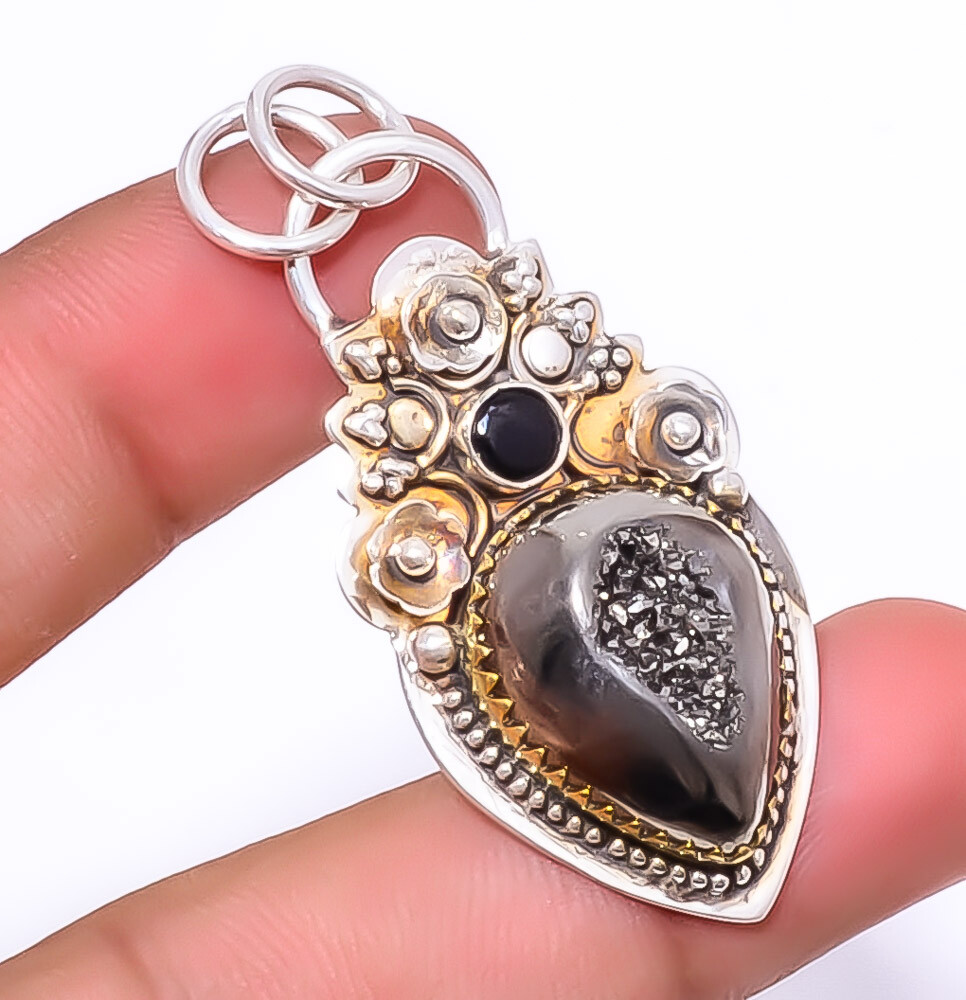 Titanium Carbon Agate Drusy & Black Onyx 925 Sterling Silver Pendant 2.07