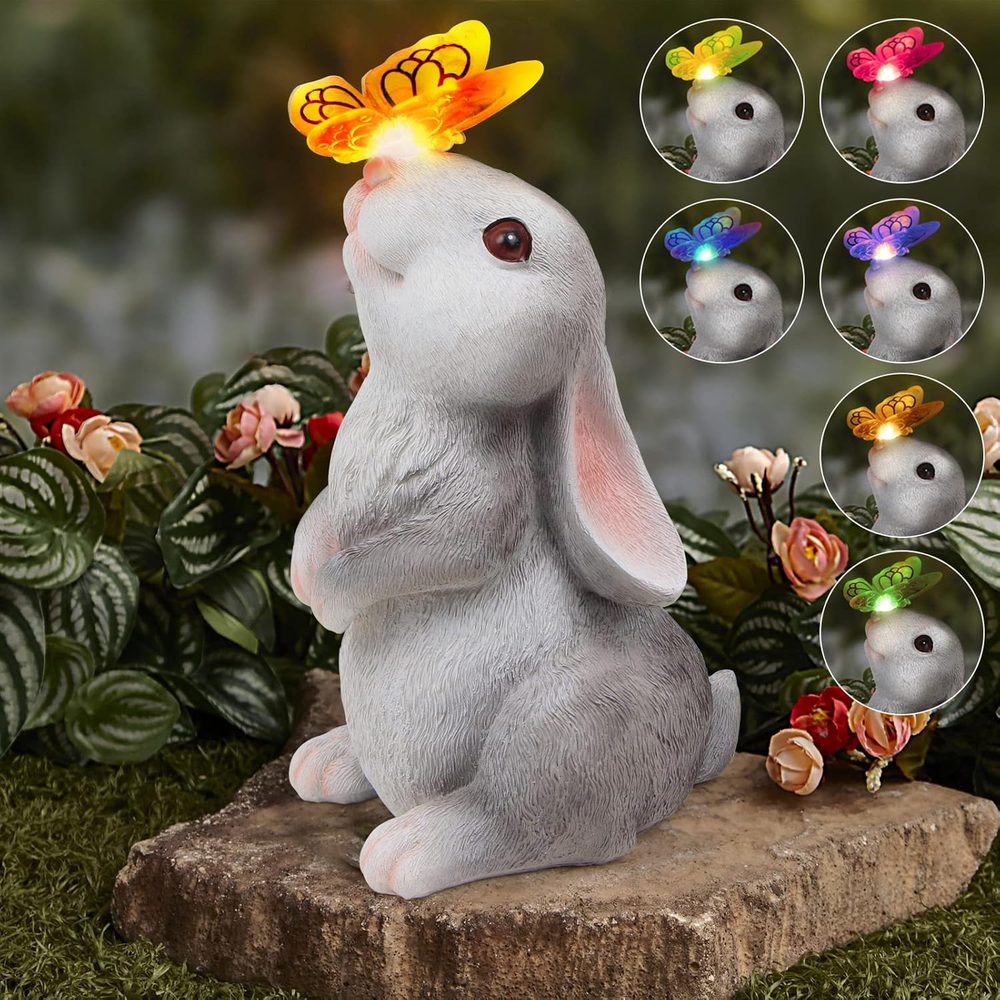 Garden Statue Outdoor Decor-Rabbit with Solar Butterfly Changing Lights Garden S