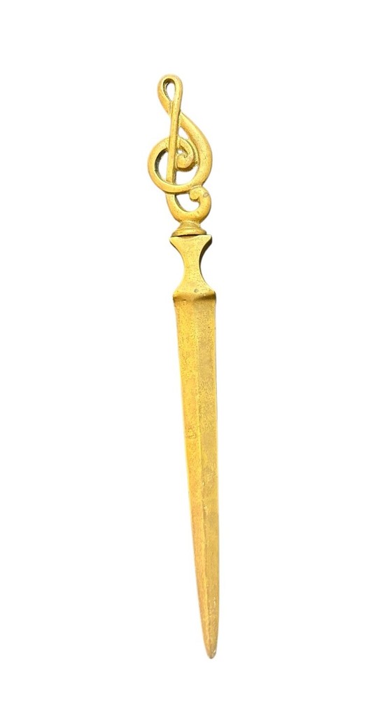 Music Note Letter Opener 9” Brushed Gold Toned Metal Desk Decor