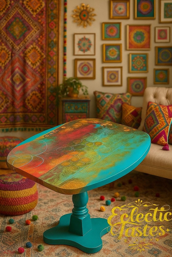 Accent Table Bold Bohemian Hand-Painted Table  One-of-a Kind Statement Piece