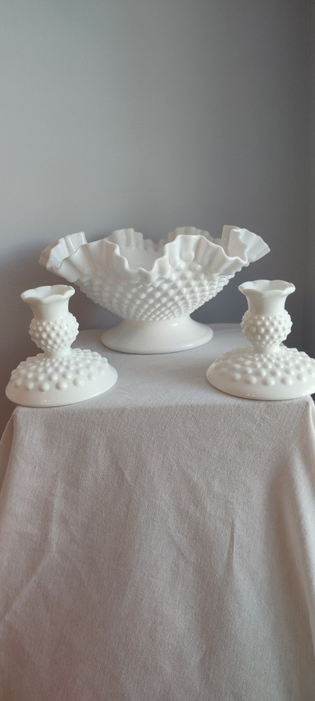 Vintage Fenton Hobnail Milk Glass Fruit Flower Bowl Vase with 2 Matching Pieces