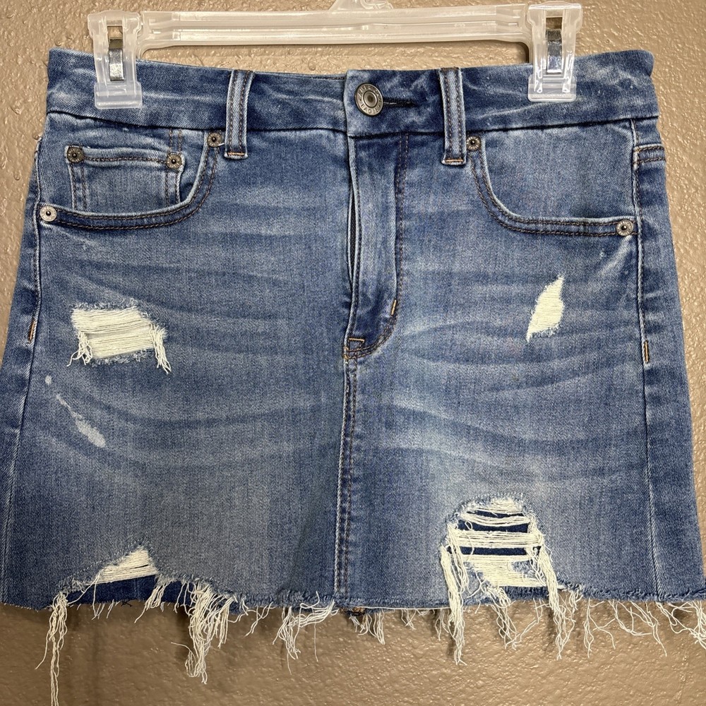 American Eagle Hi Rise mini Stretch Blue Jean Denim Skirt Women 4 distress