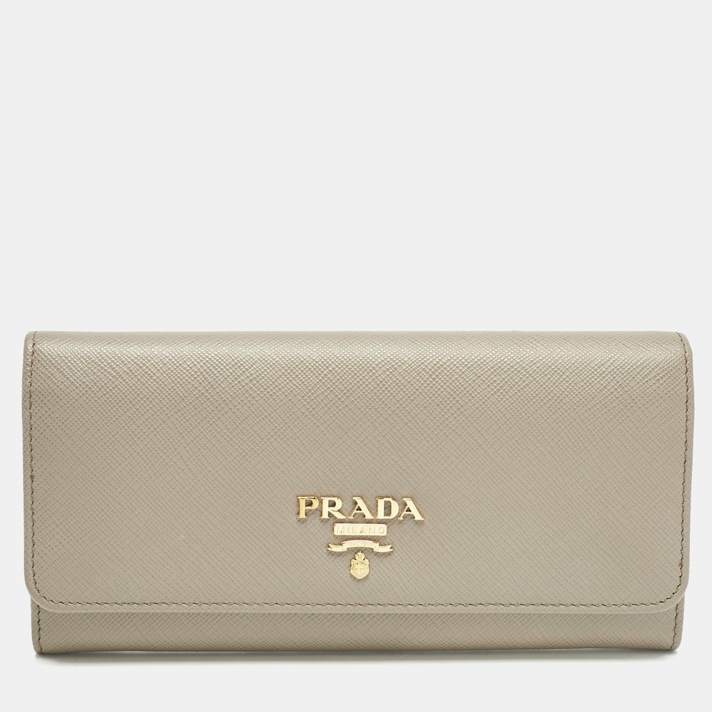 Prada Grey Leather Logo Flap Continental Wallet with RFID Protection