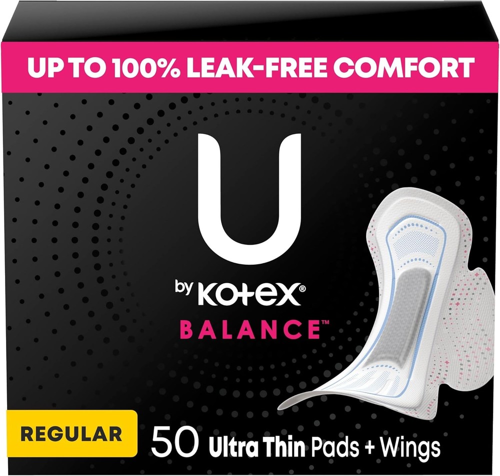 U by Kotex Balance Ultra Thin Pads with Wings Regular Absorbency 50 Count Leak