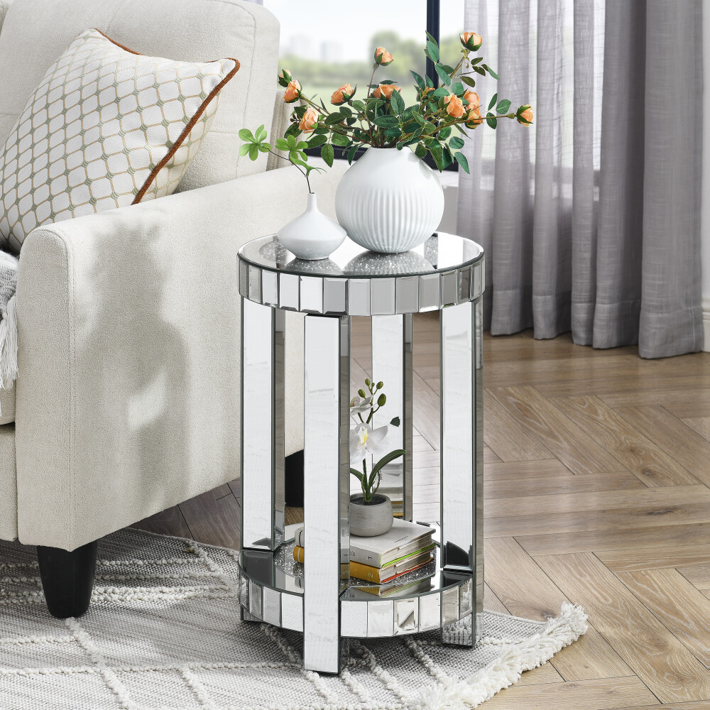 Mirror Round Table Crystal Inlay 2layer Modern Small Sofa Table W/ Storage Space