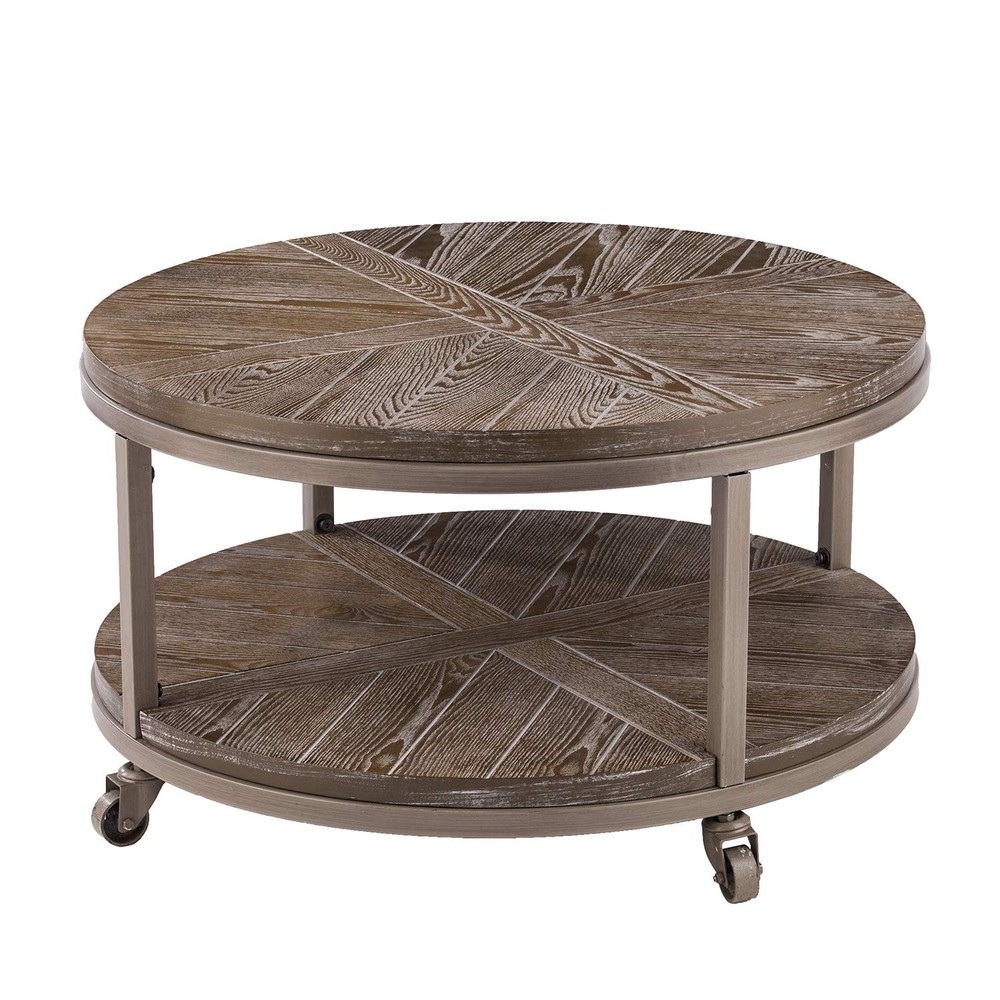 Konya Urban Industrial Round Coffee Table in White Limed Oak or Distressed Gray Finish