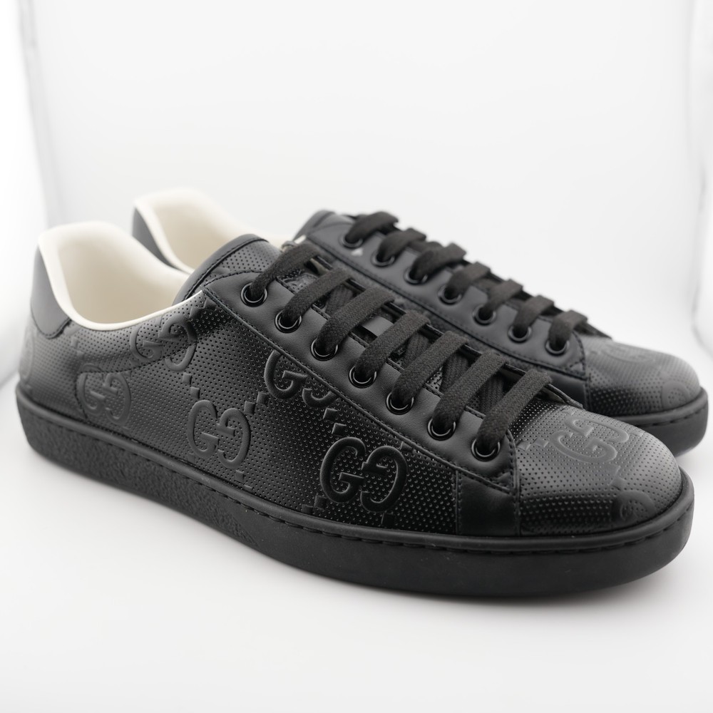 Gucci Ace Black GG Embossed Leather Monogram Sneaker Size 8 Men
