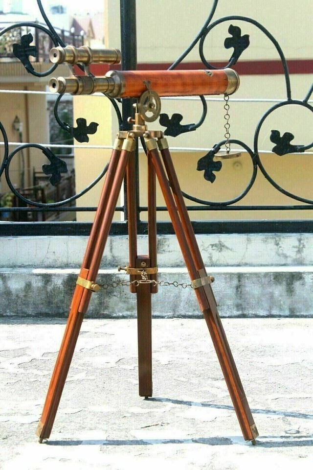 Nautical Antique Double Barrel Leather Telescope With Wooden Tripod Stand Decor
