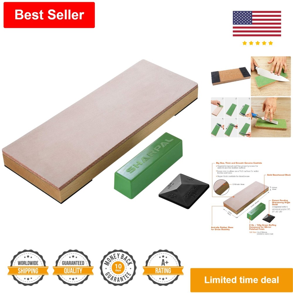 Premium Complete Leather Strop Kit - Cowhide - Polishing Compound - Angle Guide