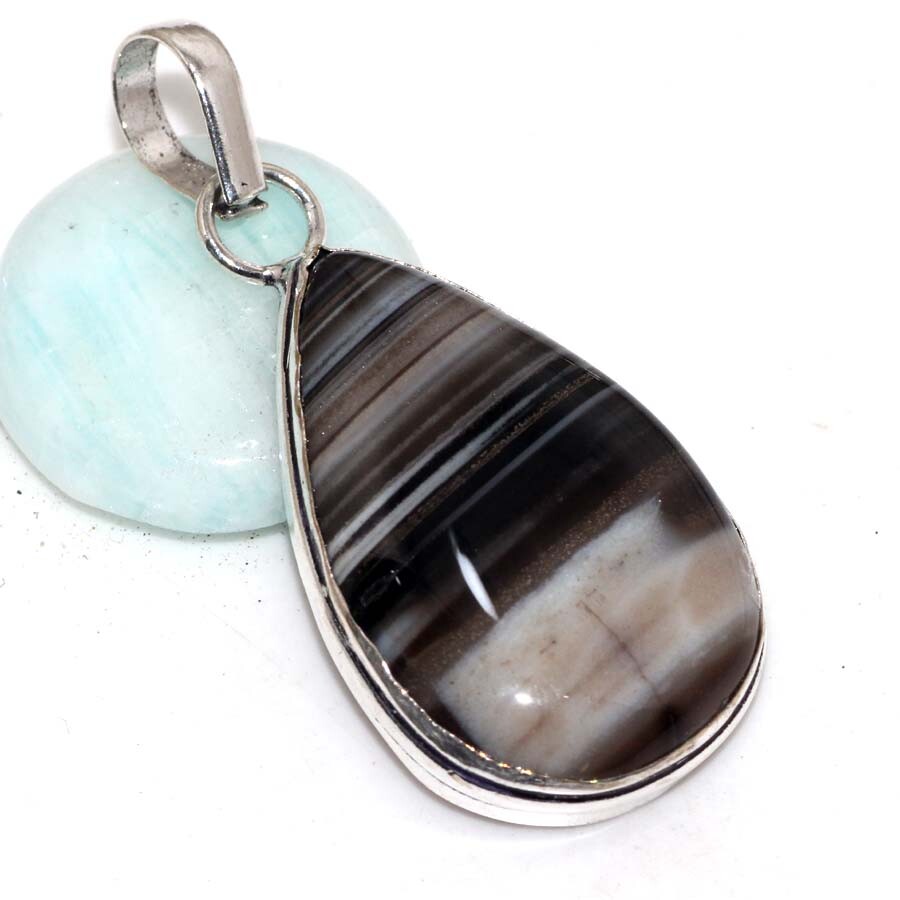 Banded Black Onyx 925 Silver Plated Pendant 2