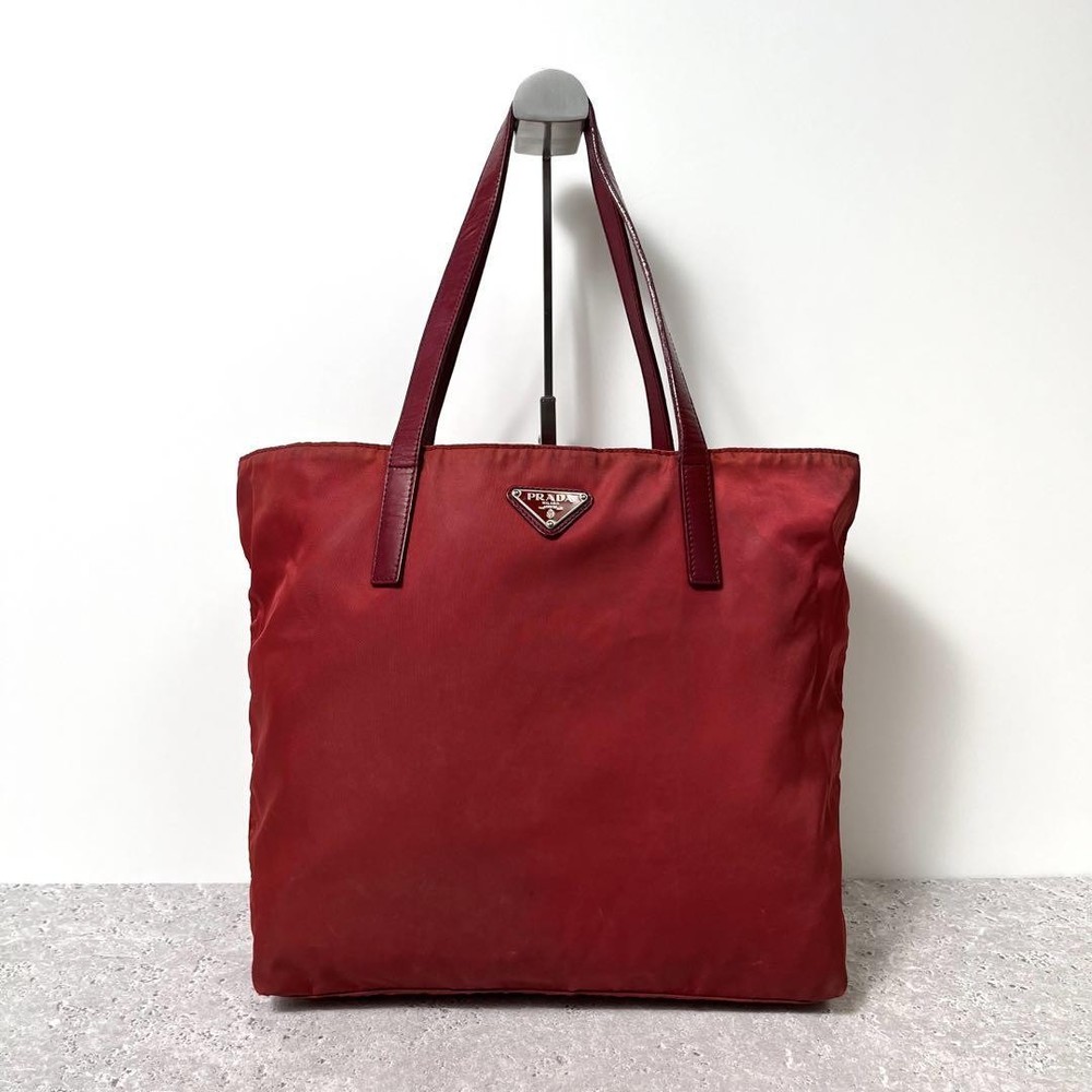 Prada Tote Bag Triangle Plate Nylon Leather Red