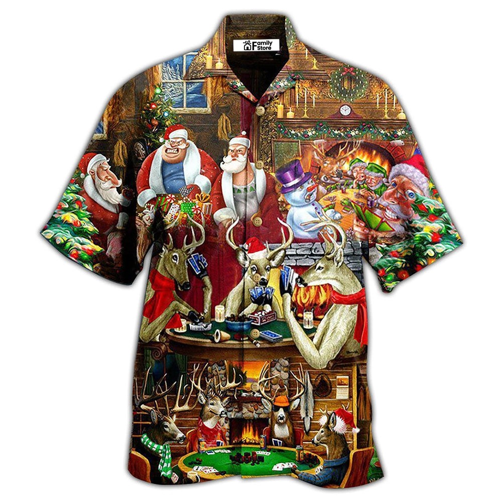 Poker Gambling Santa And Friends Play Poker Style   Hawaiian Shirt
