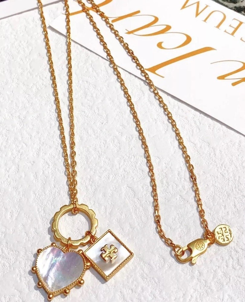 Tory Burch Enamel Lady Perfect Necklace Nature Shell Classic Logo Heart shaped